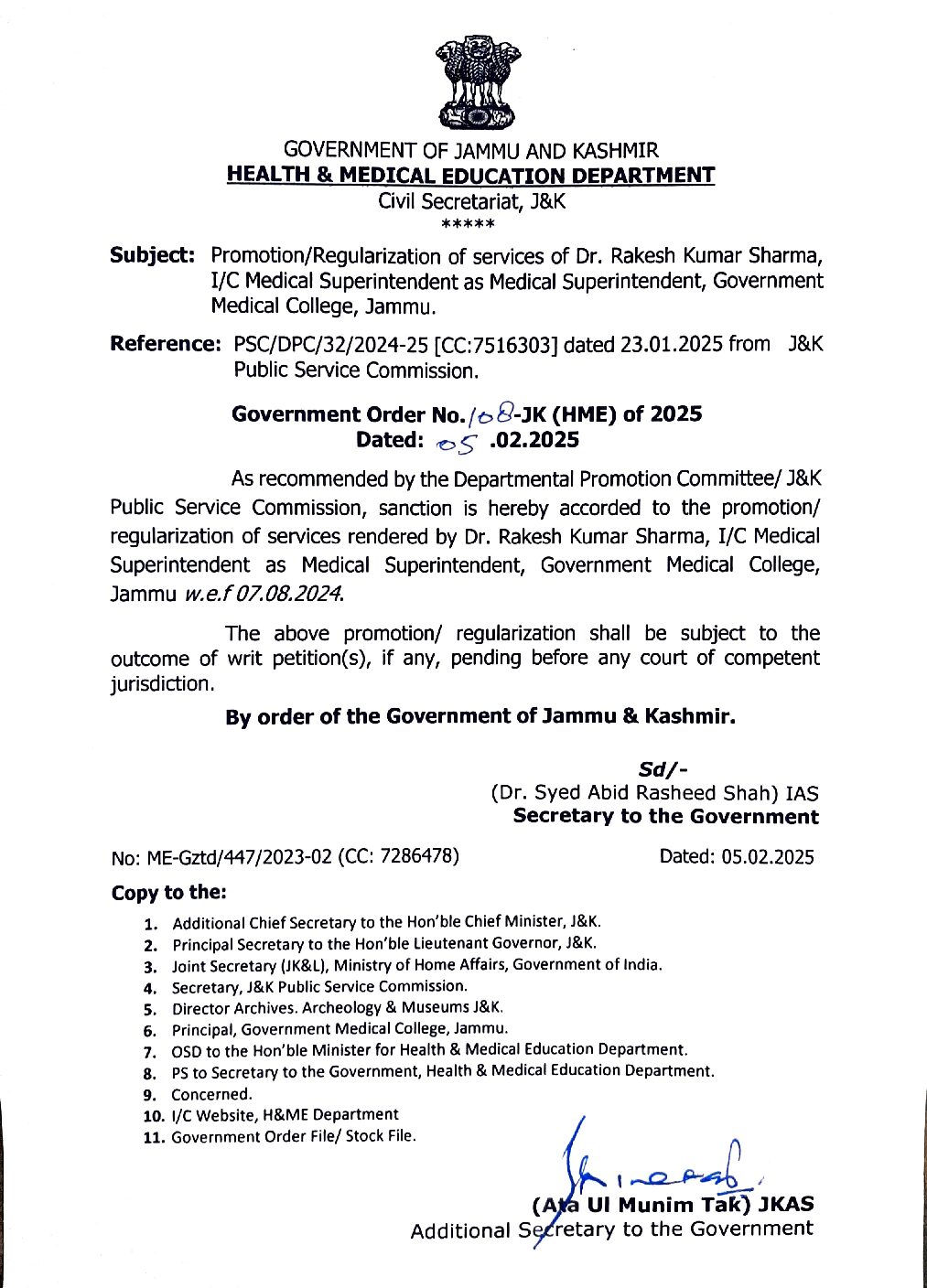 Dr Rakesh Kumar Sharma Promoted As MS GMC Jammu